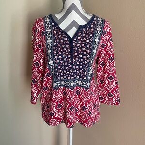 Rebecca Malone Red & Navy Floral Print Shirt - Top - Size: PXL